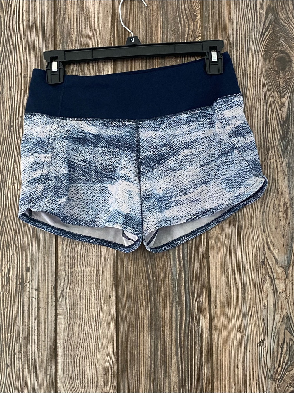 Lululemon Blue Patterned Athletic Shorts with Navy Waistband